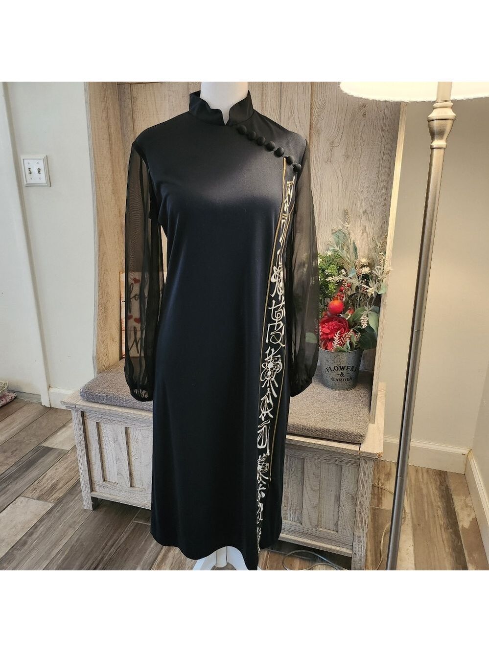 Vintage Alfred Shaheen Black And Gold Qipao Dress Hand Painted 1970's